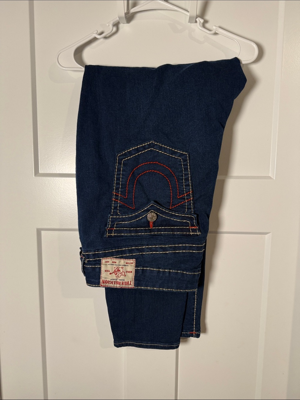 True Religion Women's Dark Blue Straight Leg Jeans with Red Accent Stitching